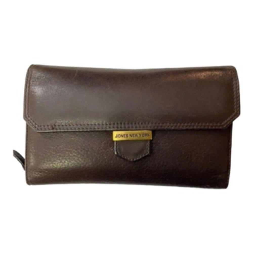 Small Jones New York Brown Leather Clutch Handbag Rectangle Dividers S Organizer